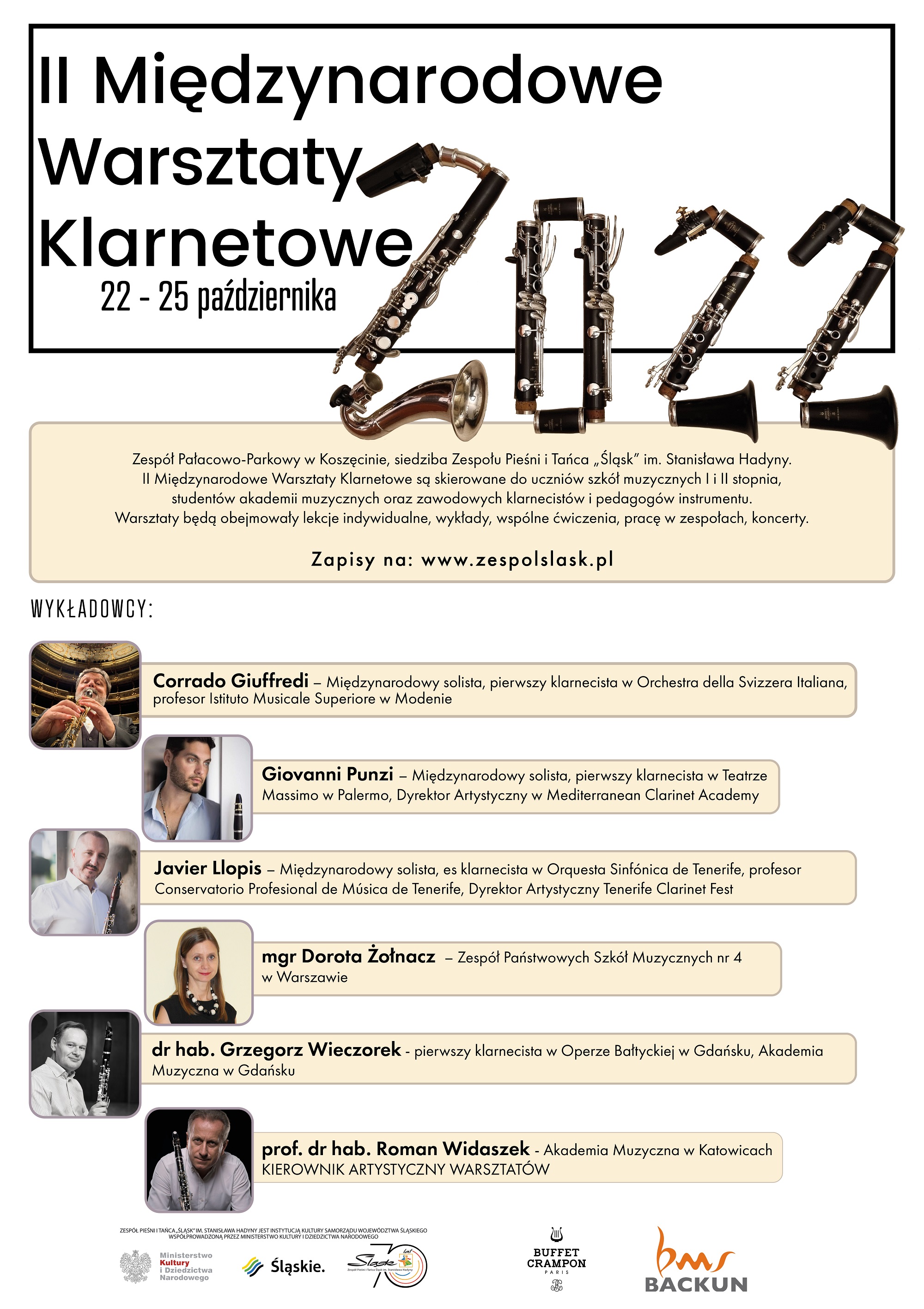plakat - II Międzynarodowe Warsztaty Klarnetowe - Koszęcin, 22-25 października 2022